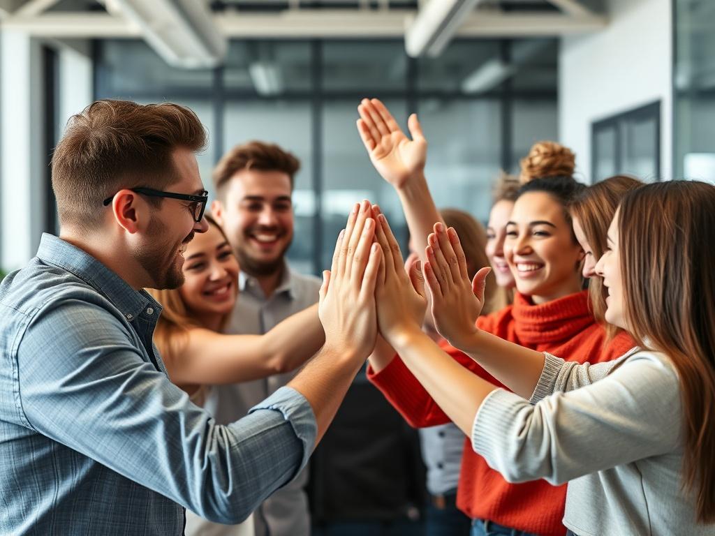 A close up shot of a team celebrating the successful