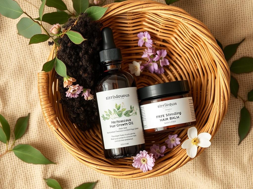 A high-resolution photo of a beautifully arranged natural hair care bundle, featuring both the herbaceous hair growth oil and stimulating hair balm, elegantly placed in a woven basket. The basket is set on a textured fabric surface, surrounded by leaves and flowers, creating a serene and organic backdrop. The lighting is warm and inviting.