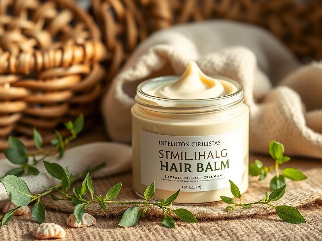 A high-resolution photo of a creamy jar of stimulating hair balm, placed against a backdrop of natural textures like woven baskets and soft fabrics. The jar is open, revealing the smooth balm inside. Surround the jar with fresh herbs and soft light, creating a warm, inviting atmosphere that showcases the product's natural essence.