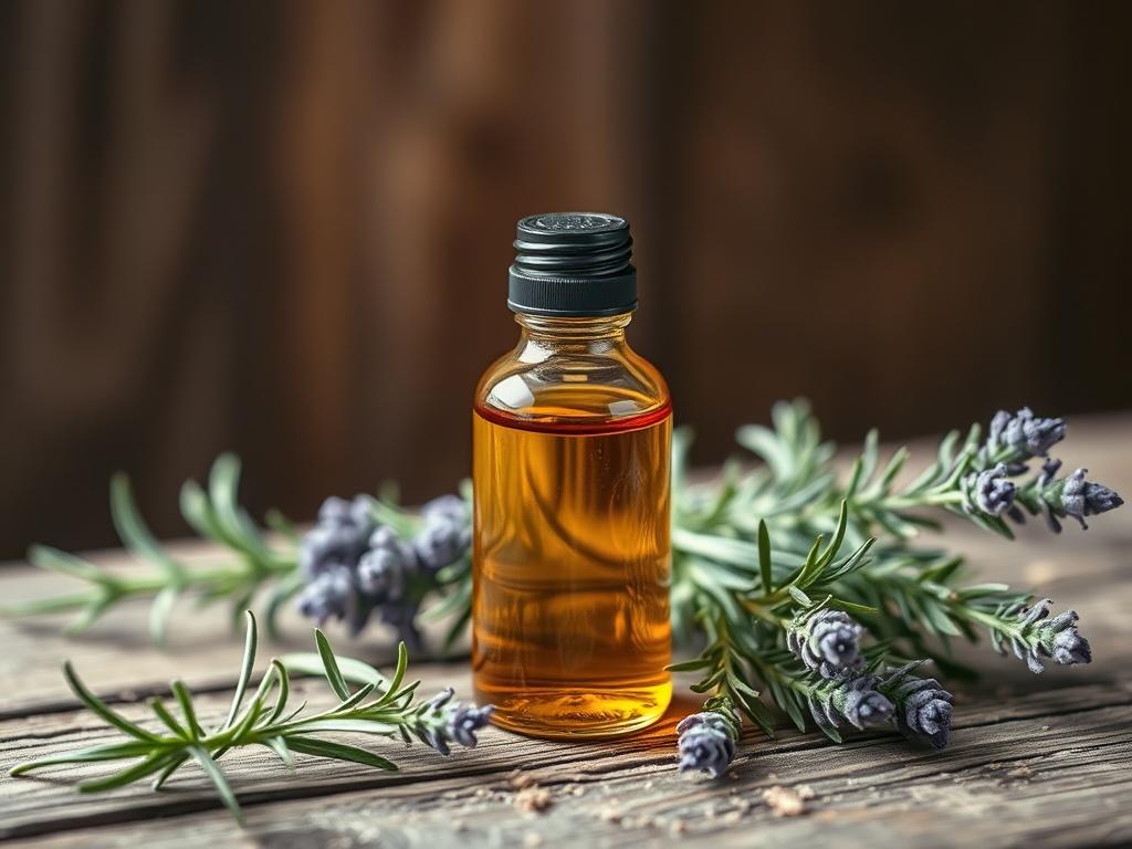 A high-resolution photo of a small glass bottle of herbaceous hair growth oil, elegantly placed on a rustic wooden surface. The bottle is adorned with earthy tones and natural textures. Surrounding the bottle, include fresh herbs like rosemary and lavender, emphasizing the natural ingredients. The background should feature soft, warm light, creating an inviting atmosphere.