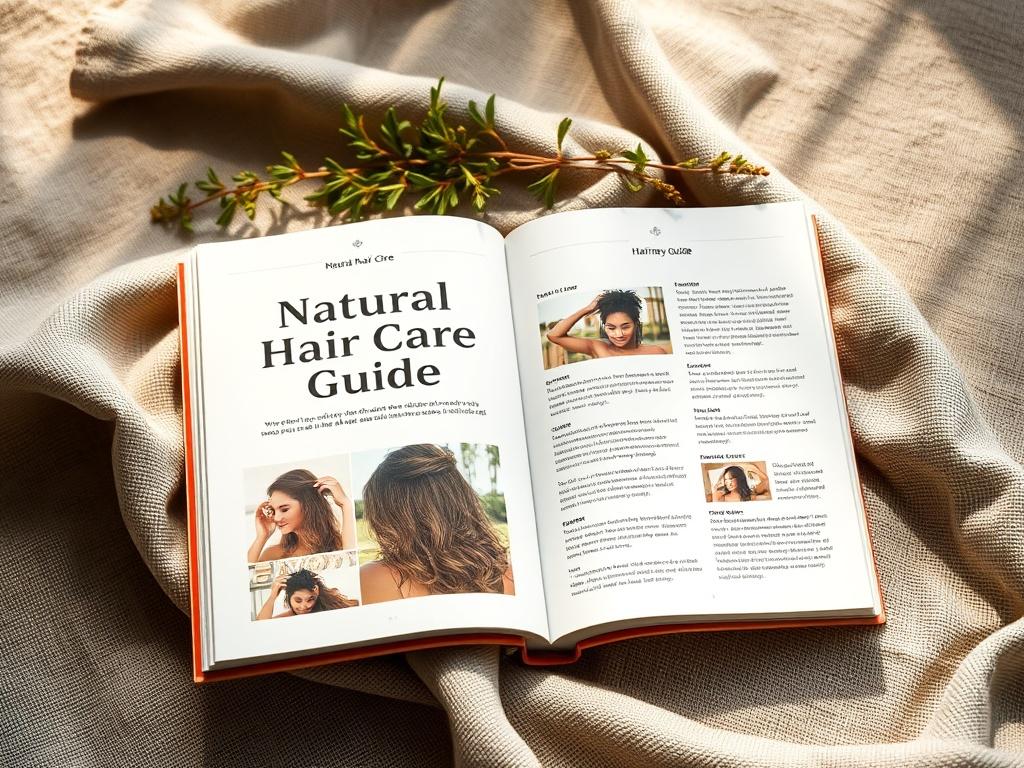 A high-resolution photo of an open booklet titled 'Natural Hair Care Journey Guide', resting on a textured linen cloth. The booklet is filled with colorful images and informative text about hair care tips. Surround it with natural elements like a few sprigs of herbs and soft, natural light for a warm, inviting feel.