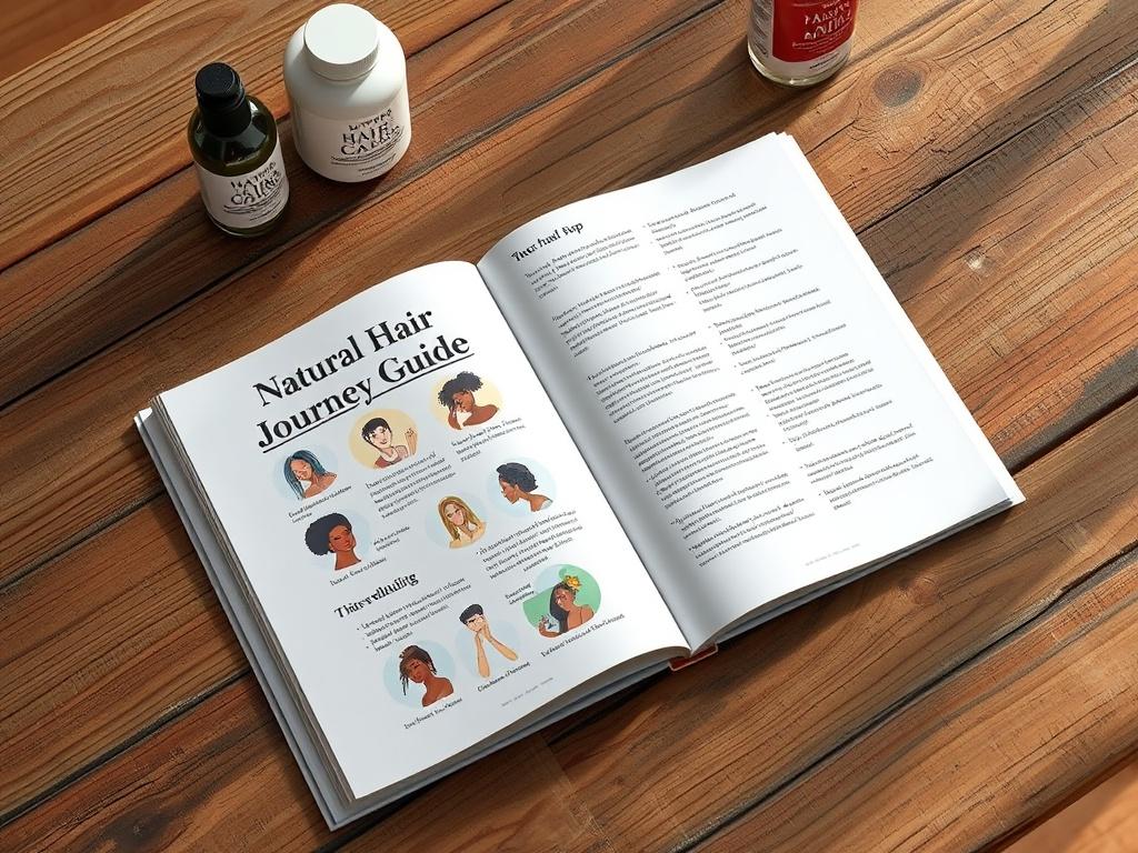 A high-resolution image of an open booklet titled 'Natural Hair Care Journey Guide' on a textured wooden table. The pages display colorful illustrations and tips about natural hair care. A few hair care products are placed beside the booklet, with soft natural lighting creating an inviting atmosphere.