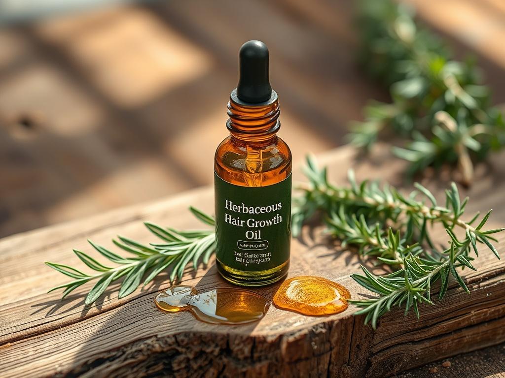 A high-resolution image of a small glass bottle of Herbaceous Hair Growth Oil with a dropper. The bottle is placed on a rustic wooden surface, surrounded by fresh herbs like rosemary and thyme, and a few drops of oil on the wood to showcase its texture. The background is softly blurred to emphasize the bottle and herbs, with natural light casting gentle shadows.