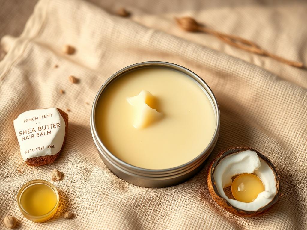 A high-resolution image of a round tin of Stimulating Hair Balm, open to reveal the creamy texture inside. The tin is placed on a soft, natural fabric background, with a few natural ingredients like shea butter and coconut oil scattered around it. The lighting is warm and inviting, highlighting the balm's rich consistency.
