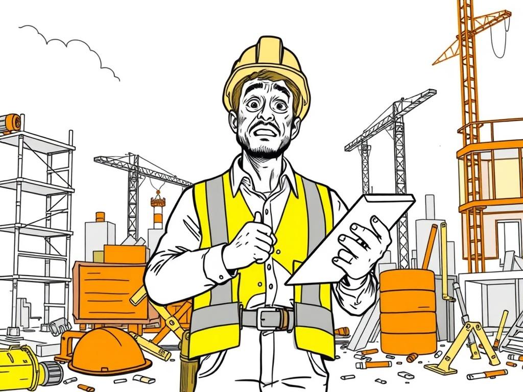 Create a high-quality illustration of a panicked entrepreneur on a construction site. The composition should focus solely on the entrepreneur as the central subject, capturing his worried expression and frantic body language. He is wearing a hard hat, a safety vest, and holding a clipboard in one hand while looking at his watch with the other, conveying a sense of urgency and stress.

The background should feature elements typical of a construction site, such as scaffolding, construction tools like a hammer