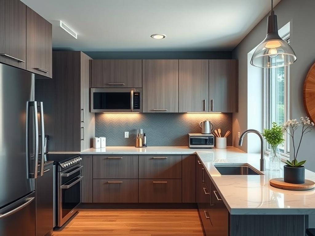 A hyper-realistic close-up shot of a renovated kitchen space. Highlight modern cabinetry, a spacious countertop, and stylish appliances. The lighting should create a warm atmosphere, with a focus on the details of the kitchen design. Shot with a 45mm f/1.2 lens.