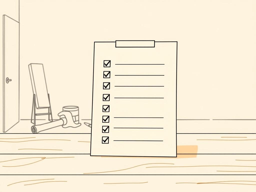 Create a high-quality illustration depicting a clean and organized checklist for a successful renovation. The composition should feature a single, neatly arranged checklist with checkboxes, each box checked off, symbolizing essential points for renovation success. The checklist should be displayed upright on a simple wooden table to give a sense of reliability and structure. 

In the background, include elements that evoke a home renovation atmosphere, such as faint outlines of tools (like a hammer and pain
