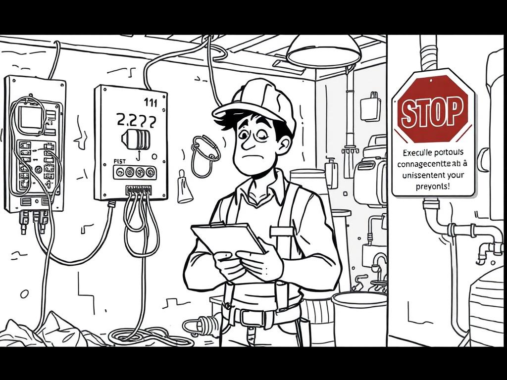 Create a high-quality black line illustration that visually represents the theme "Travaux supplémentaires imprévus." The image should feature a single subject: a stressed contractor inspecting a messy, cluttered renovation site. The background should depict various elements related to unexpected renovations, such as an old, non-compliant electrical panel with cables spilling out, uneven walls needing leveling, and exposed plumbing with leaking pipes behind a wall. 

The contractor should be shown with a con