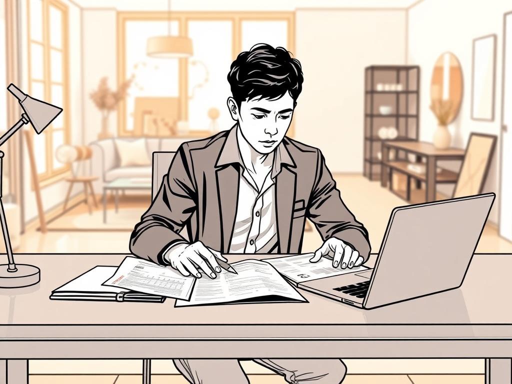 **Prompt for AI Image Generation:**

Create a high-quality illustration of a person sitting at a modern desk, focused on assessing three renovation quotes spread out before them. The subject should be a young professional, dressed in smart-casual attire, examining the documents with a thoughtful expression. The desk is sleek, featuring a laptop open next to a notepad and a pen, emphasizing the task of comparison. 

In the background, depict a softly blurred interior scene of a stylish home under renovation,