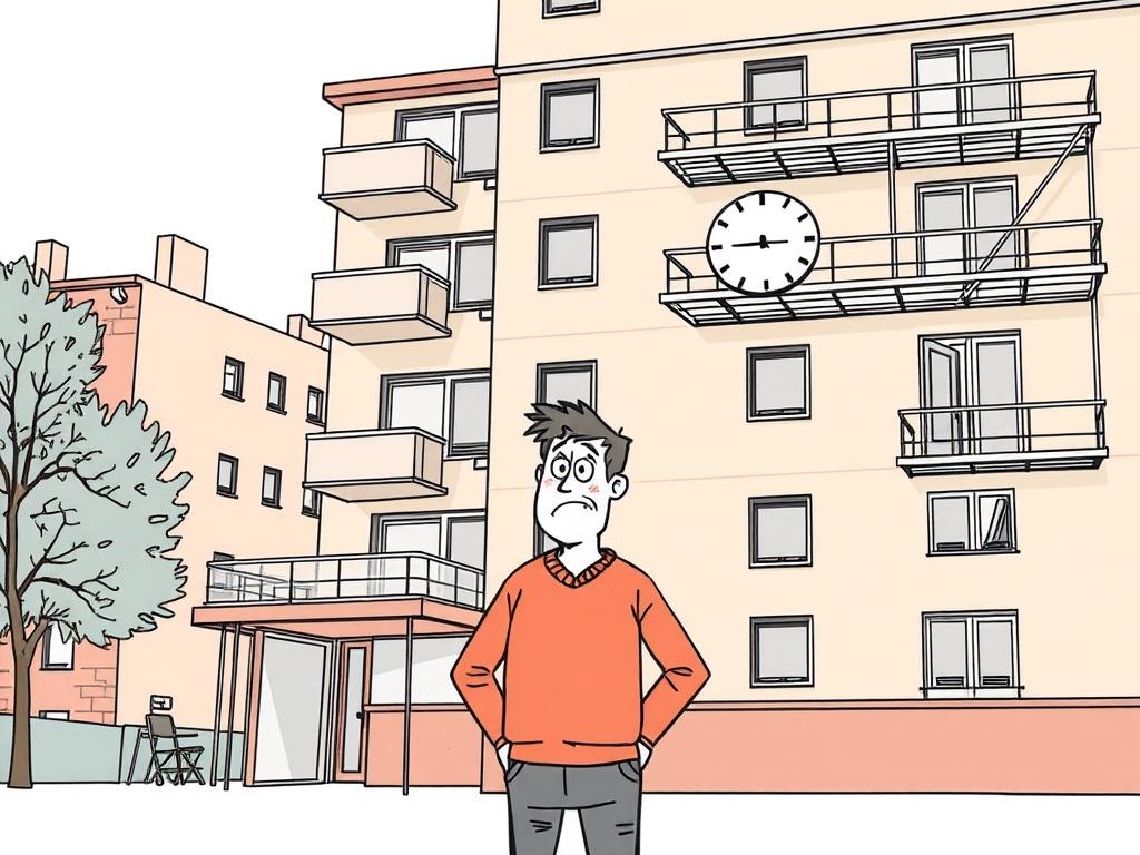 **Prompt for AI Image Generation:**

Create a high-quality illustration that encapsulates the theme "Problèmes en copropriété" focusing on the specific issue of "Horaires non respectés." The composition should be simple and clear, showcasing a single subject that represents the struggle of managing time in a co-owned property context.

**Subject Matter:** Depict a frustrated homeowner standing in front of an apartment building, looking at a clock that shows a time later than the agreed upon renovation sched
