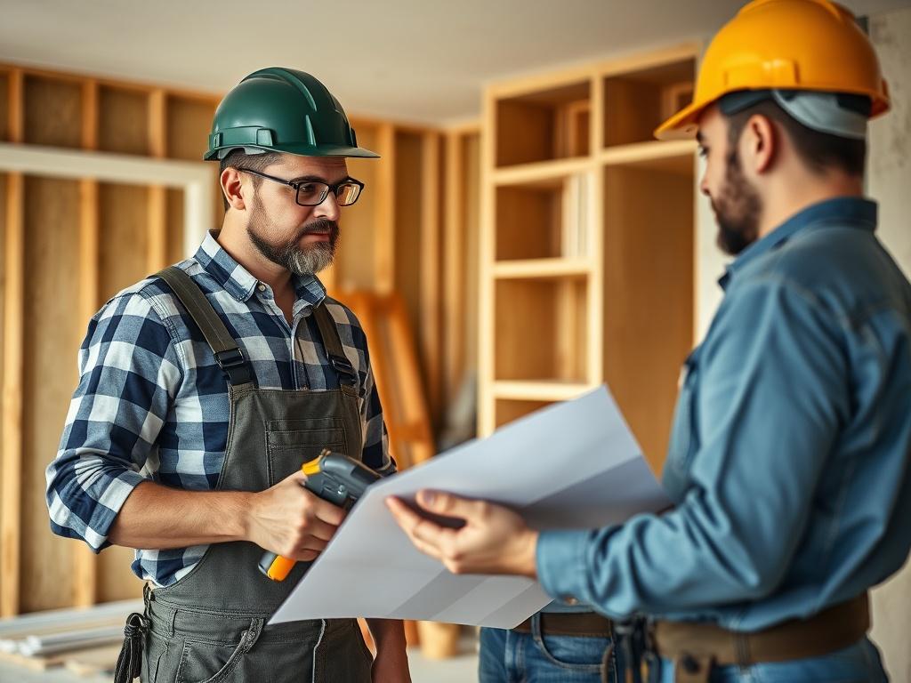 A detailed, high-resolution image of a professional renovation team working on a home renovation project, showcasing teamwork and collaboration. Focus on a close-up of two workers discussing plans with tools in hand, surrounded by building materials. The background should feature a partially renovated room with visible progress. The lighting should be warm and inviting, capturing the essence of a trustworthy and dedicated service.