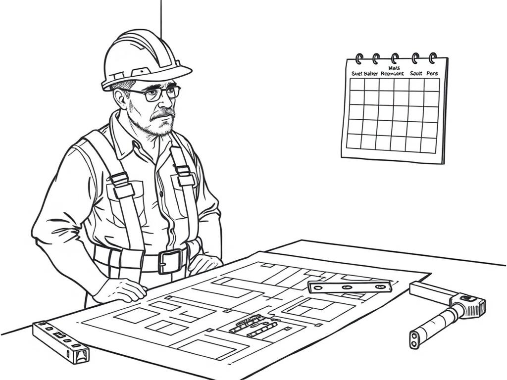 **Prompt for AI Image Generation:**

Create a high-quality illustration depicting a construction manager, a middle-aged man wearing a hard hat and a tool belt, looking thoughtfully at a blueprint of a home renovation project spread out on a table. The composition should be simple and clear, with the manager as the central subject, showing concern mixed with determination. 

In the background, include construction tools like a hammer, tape measure, and level resting on the table next to the blueprint. A cale