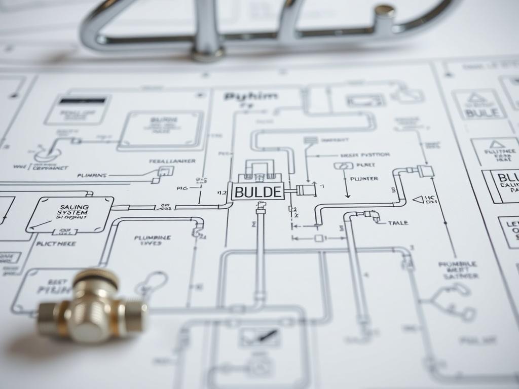 A hyper-realistic image showing a technical diagram related to building renovation. The image should focus on a detailed blueprint of a plumbing system in a house, with clear labels and components like pipes, valves, and fixtures. The background should be simple and neutral to highlight the diagram. The lighting should be bright and focused to enhance clarity, and the overall composition should be clean and professional.