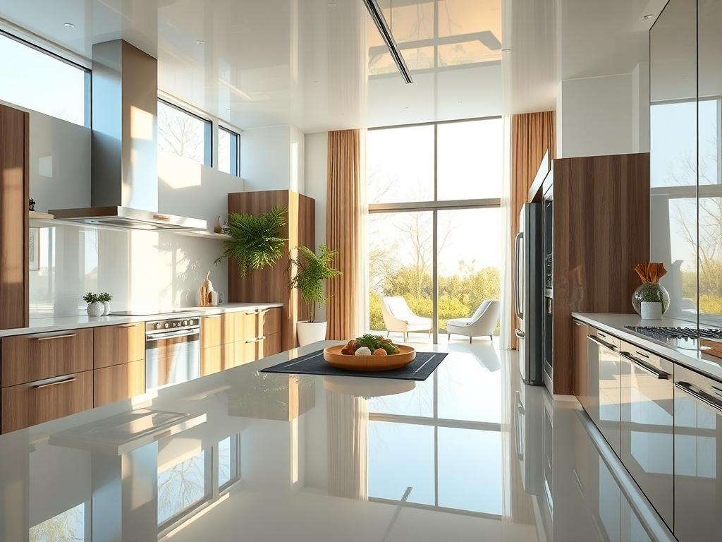 An interior shot of a modern energy-efficient home featuring smart technology, large windows for natural light, and eco-friendly materials. The space should be bright and inviting, with a focus on open layouts and energy-saving appliances. The design should highlight sustainability while maintaining a luxurious aesthetic, with polished surfaces and sleek finishes.