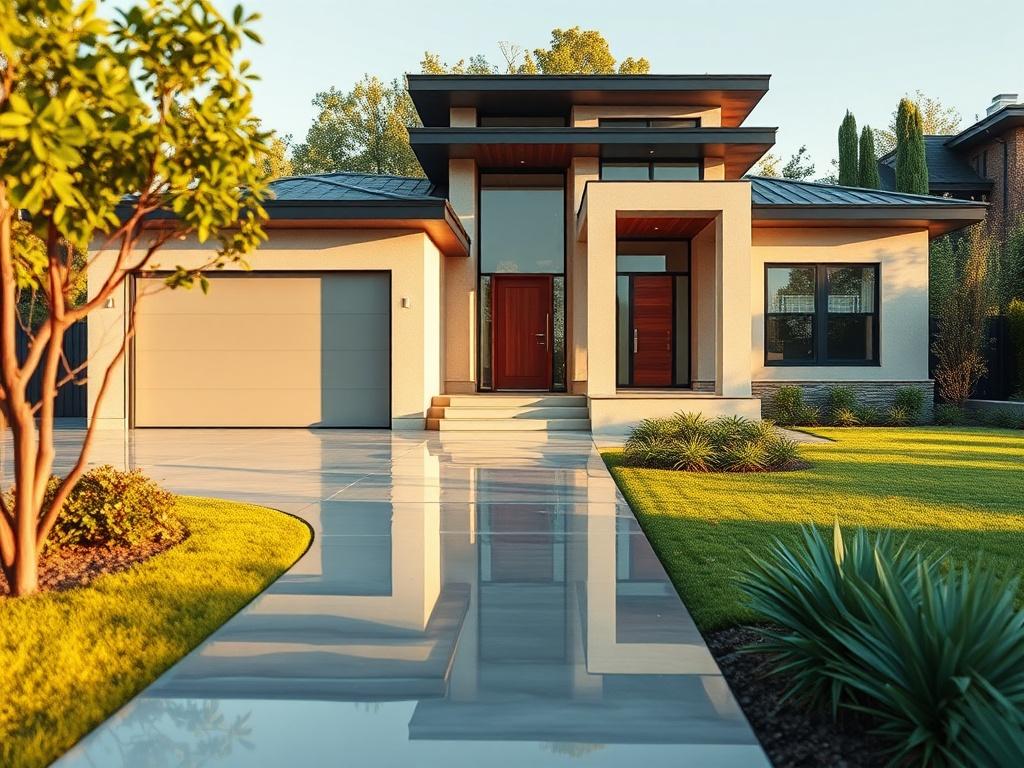 **AI Image Generation Prompt:**

Create a realistic high-resolution photograph that captures the essence of luxury home building focused on adding long-term value. The composition should feature a beautifully crafted insulated concrete home, showcasing its modern design and high-end finishes. The subject should be a single contemporary home, elegantly positioned in the foreground, allowing it to dominate the image.

The background should include a serene, landscaped garden with lush greenery and well-mainta