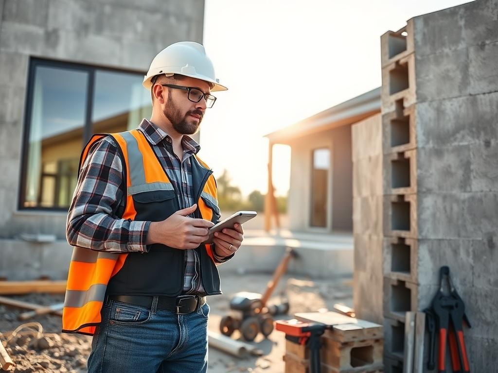 Create a realistic high-resolution photo featuring a skilled contractor inspecting an insulated concrete form (ICF) residential construction site. The contractor should be dressed in professional work attire, complete with a hard hat and safety glasses, exuding both confidence and expertise. The contractor stands at the forefront of the image, examining the intricately stacked ICF blocks, showcasing the standard of quality used in construction. 

The background should display a well-structured beautiful ins