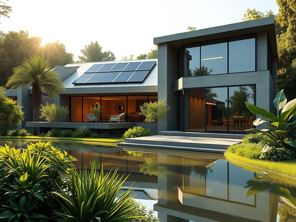 An exterior view of a sustainable insulated concrete home surrounded