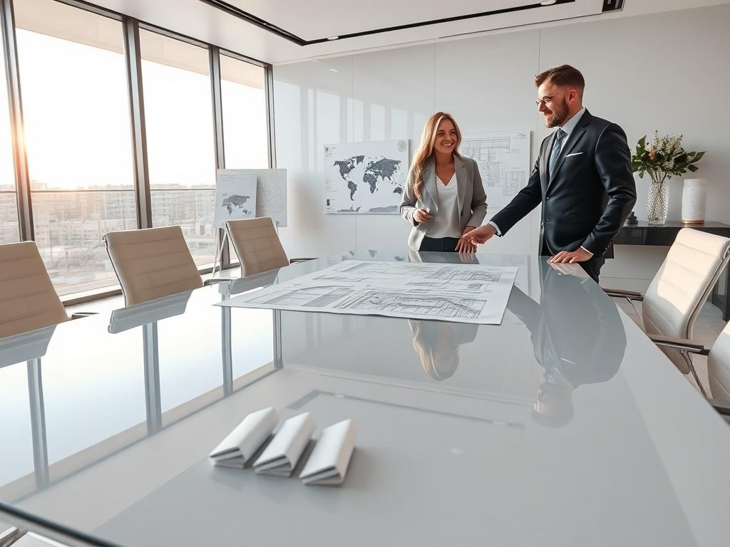 Create a highly realistic high-resolution image that captures the essence of a luxury design-build construction firm. The focal subject of the image should be a modern, elegantly designed office space representing 1st Source Solution LLC. Showcase a sleek, minimalist conference room where a consultation is happening. 

The room should feature a large, polished glass conference table with high-end ergonomic chairs surrounding it. The background should include a clean, stylish display of architectural plans a