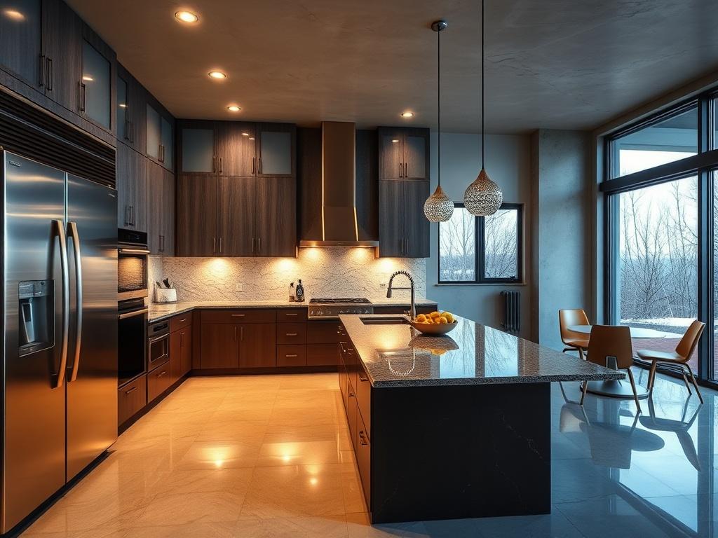A beautifully designed custom kitchen within a luxury insulated concrete home. Highlight unique cabinetry, smart appliances, and an open layout that encourages social interaction. The kitchen should feature modern lighting and stylish finishes, with natural light flooding in through large windows. The scene should evoke feelings of warmth and sophistication, showcasing how custom features elevate the living experience.