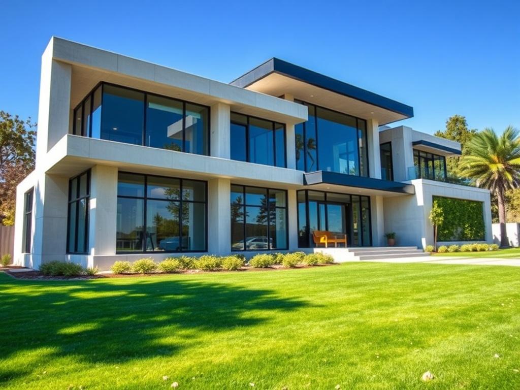 A stunning luxury insulated concrete home, showcasing sleek lines and modern architecture. The house should feature large windows reflecting the sky and surrounding greenery, with a well-manicured lawn in front. The exterior should emphasize the insulated concrete structure, highlighting its durability and elegance. The scene should be set in a bright, sunny environment to enhance the home's features, with a clear blue sky as the backdrop.