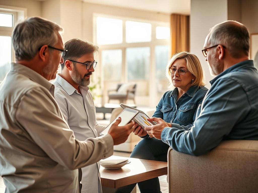 A professional energy efficiency consultation in progress within a modern home. Show an expert discussing energy performance with homeowners, using a tablet to display data and recommendations. The setting should include a nicely furnished living area, emphasizing the warmth and comfort of a well-designed insulated concrete home, with sunlight streaming through the windows to create an inviting atmosphere.