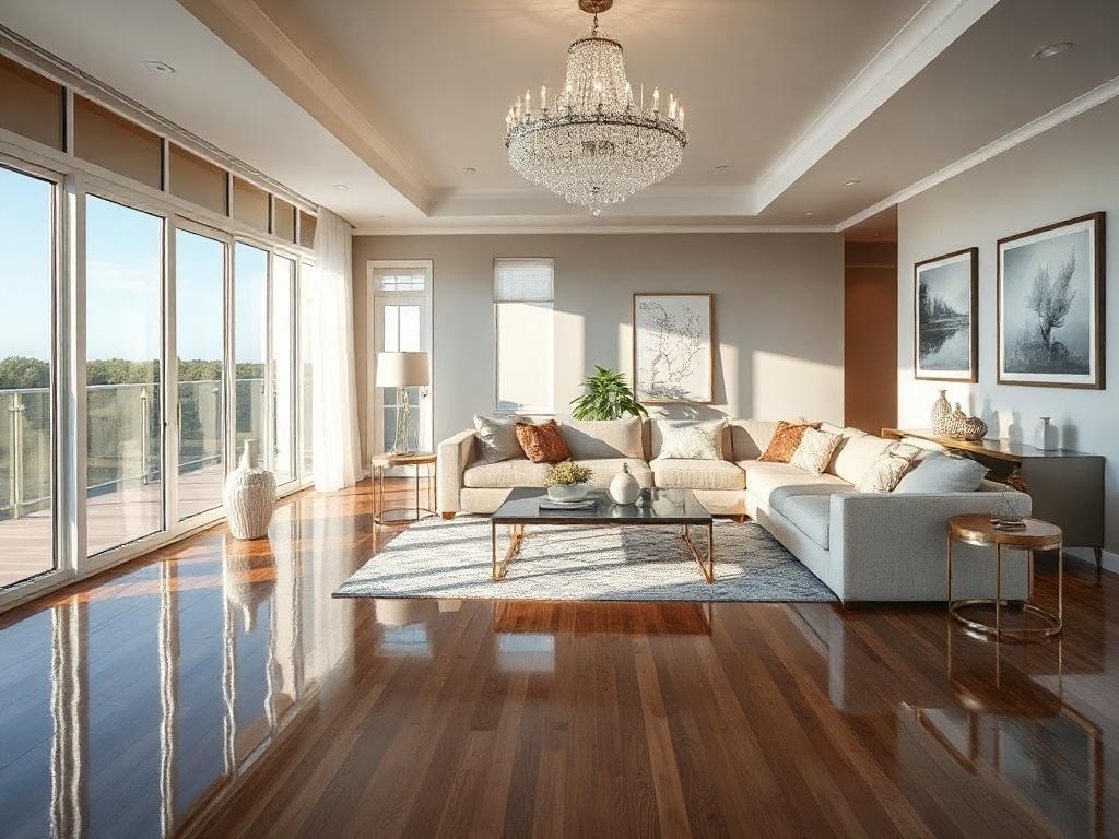 Create a realistic high-resolution photo that captures the essence of luxury home remodeling in Myrtle Beach, specifically tailored for move-up buyers. The composition should feature a beautifully renovated living room as the singular subject of the image, showcasing elegant design elements that reflect high-end construction. 

Utilize a bright and airy space with large windows allowing natural light to pour in, illuminating the polished wooden floors and sleek insulated concrete walls that 1st Source Solut