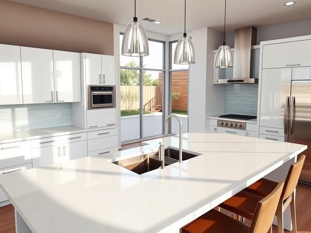 **AI Image Generation Prompt:**

Create a realistic high-resolution photo showcasing a beautifully remodeled kitchen within a luxury insulated concrete home. This image should focus exclusively on the kitchen as the central subject, highlighting its modern design and functionality. The kitchen should feature sleek, ultra-shiny white cabinets with luminous highlights reflecting off their surfaces, as well as a spacious, glossy island with a polished quartz countertop. Include high-end stainless steel applian