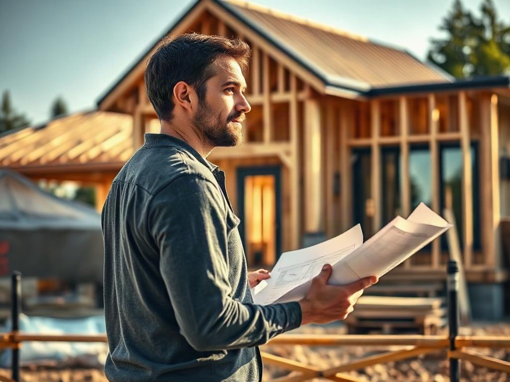 Create a realistic high-resolution image that visually represents the concept of "Design-Build vs. General Contractor." The composition should be simple and clear, featuring a single subject—a thoughtful homeowner standing in front of a partially constructed home. The homeowner should be depicted in a contemplative pose, possibly holding a set of blueprints or plans, looking towards the construction site with an expression of curiosity and decision-making.

The background should showcase a modern constructi