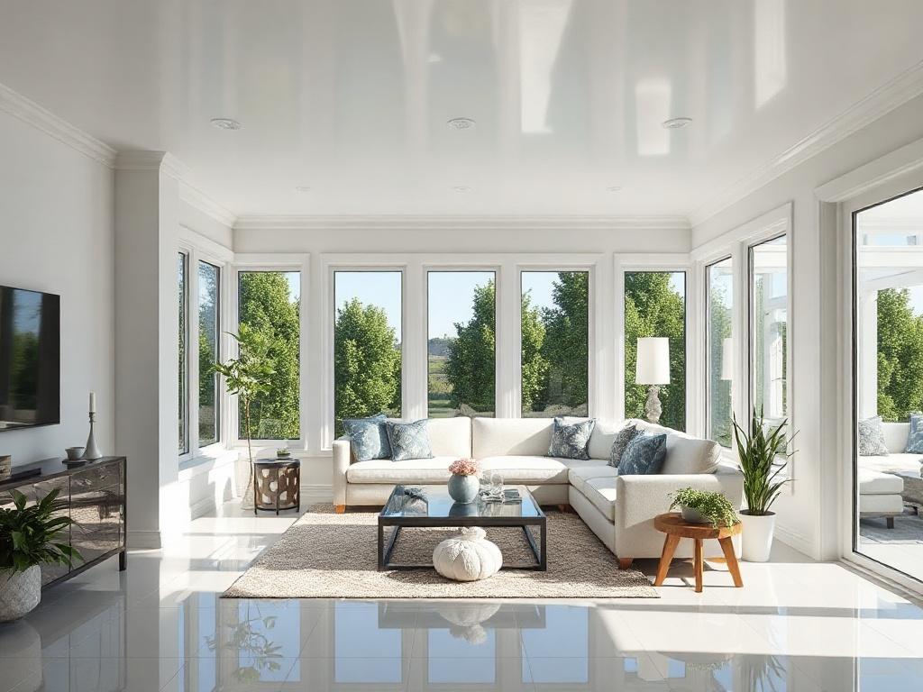 Create a realistic high-resolution photo that vividly captures the essence of a luxurious sunroom, designed for a high-end insulated concrete home. The composition should be simple and clear, featuring a bright and airy sunroom as the central subject. The sunroom should have large floor-to-ceiling windows, allowing natural light to flood in, and showcase elegant furnishings such as a plush sectional sofa, stylish coffee table, and tasteful decor items. 

In the background, incorporate lush greenery just out
