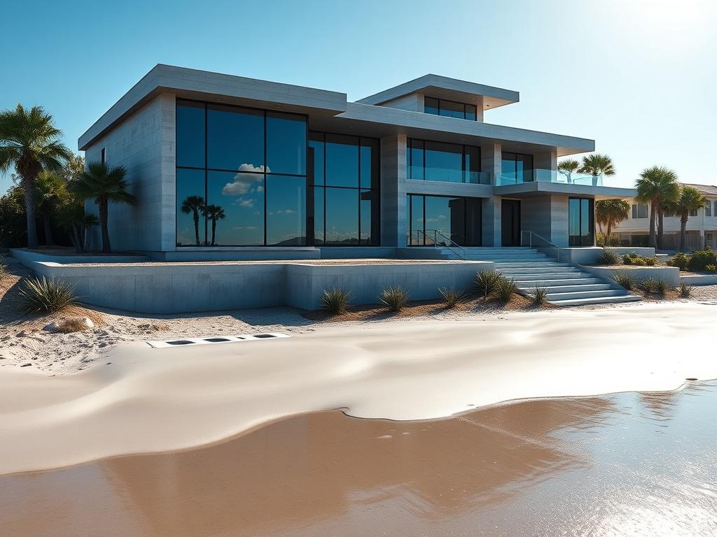 **AI Image Generation Prompt:**

Create a realistic, high-resolution image of a stunning insulated concrete home (ICF home) situated on a picturesque coastal property in Myrtle Beach. The composition should focus solely on the ICF home as the single subject, showcasing its modern architectural design with glossy, ultra-shiny surfaces and luminous highlights that convey luxury and elegance. 

The home should feature large windows that reflect the beautiful blue sky and ocean, emphasizing energy efficiency an