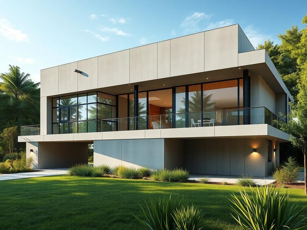 A luxury insulated concrete home with modern architecture, showcasing sleek lines and large windows. The home should be set against a serene natural backdrop, with lush greenery surrounding it. The image should have a hyper-glossy finish, emphasizing the shiny surfaces and luminous highlights of the building's exterior.