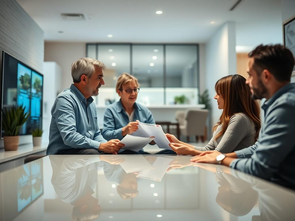 An energy efficiency consultation in progress, featuring a consultant interacting with homeowners in a modern living space. The focus should be on discussing energy-saving strategies, with visual aids like energy efficiency reports or digital displays in the background. The image should have a hyper-glossy finish, highlighting the modern features of the home.