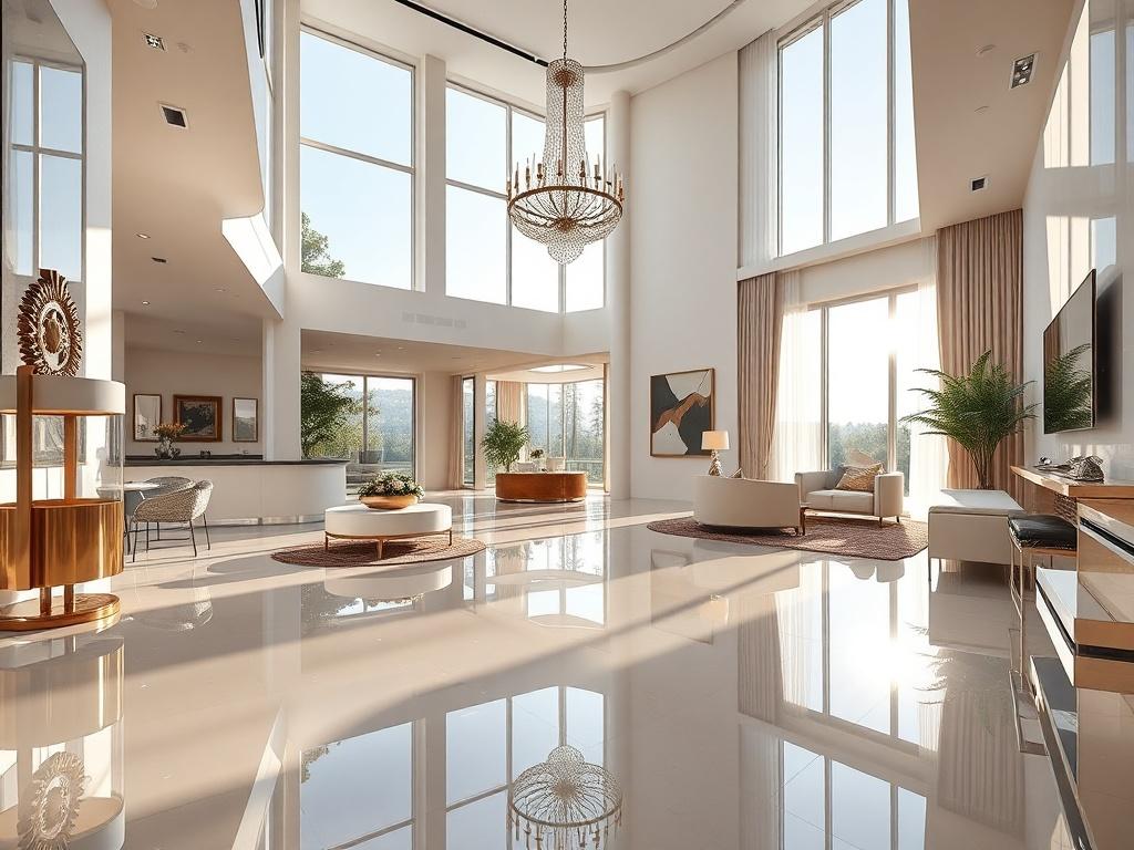 An interior view of a beautifully designed luxury home, showcasing an open floor plan with elegant furnishings and modern decor. The room should be filled with natural light streaming through large windows, highlighting the exquisite details and finishes. The image should have a hyper-glossy appearance, emphasizing the shiny surfaces and luminous highlights.