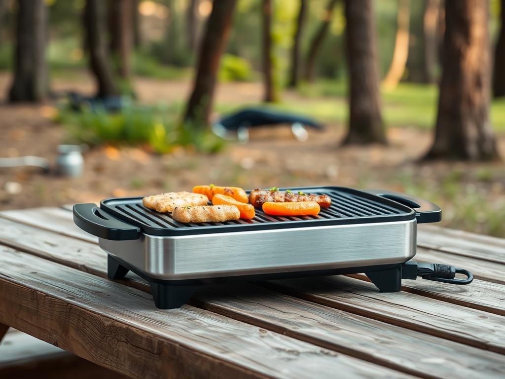 A compact tabletop grill set up on a picnic table