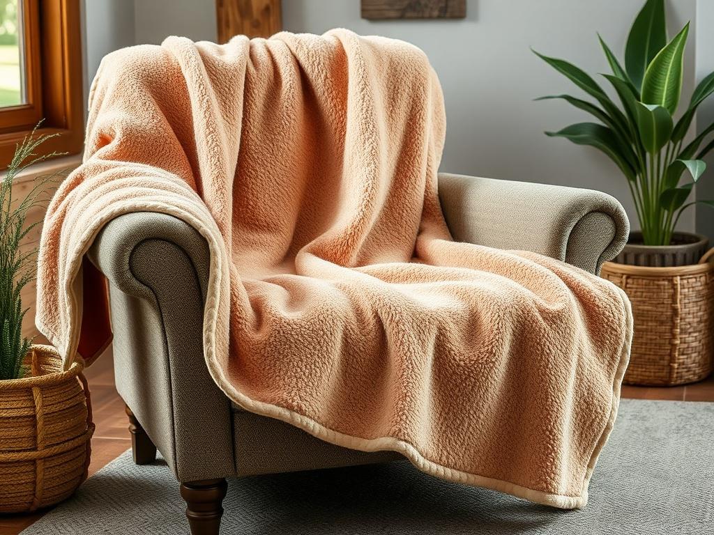 A reversible fleece blanket elegantly draped over a rustic armchair,