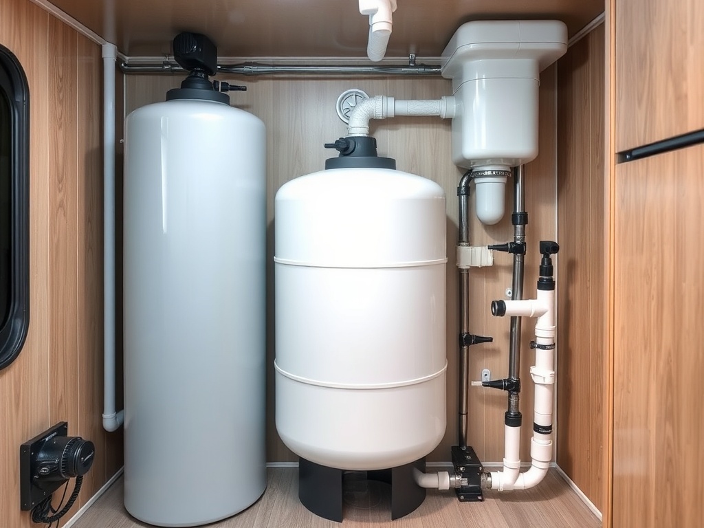 RV plumbing system with tanks and water pump