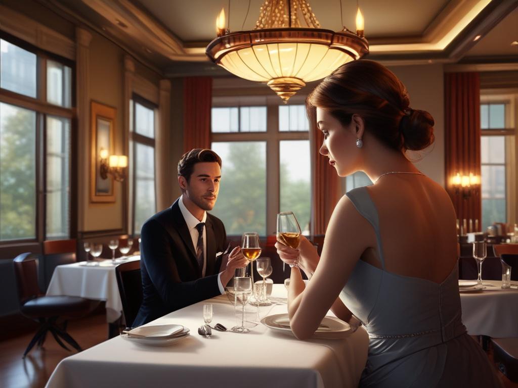 A glamorous woman in an upscale restaurant, elegantly dressed, engaging