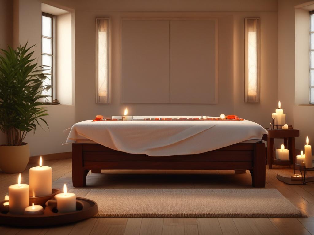 A serene spa setting featuring a beautiful woman performing a