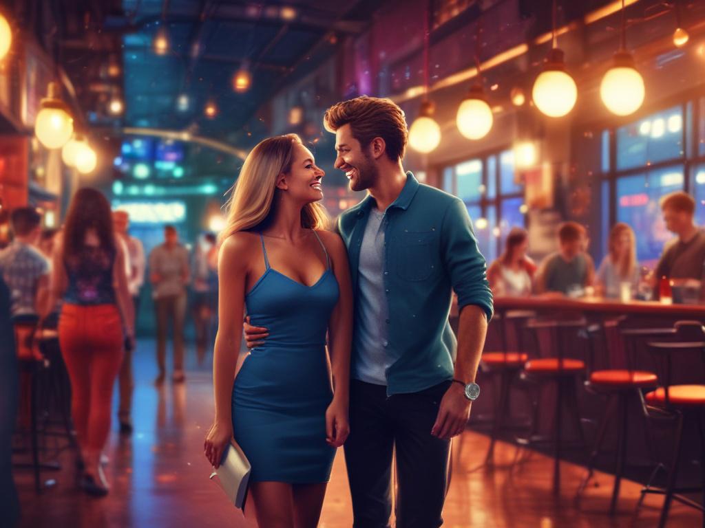 A vibrant nightlife scene featuring a stylish couple laughing and