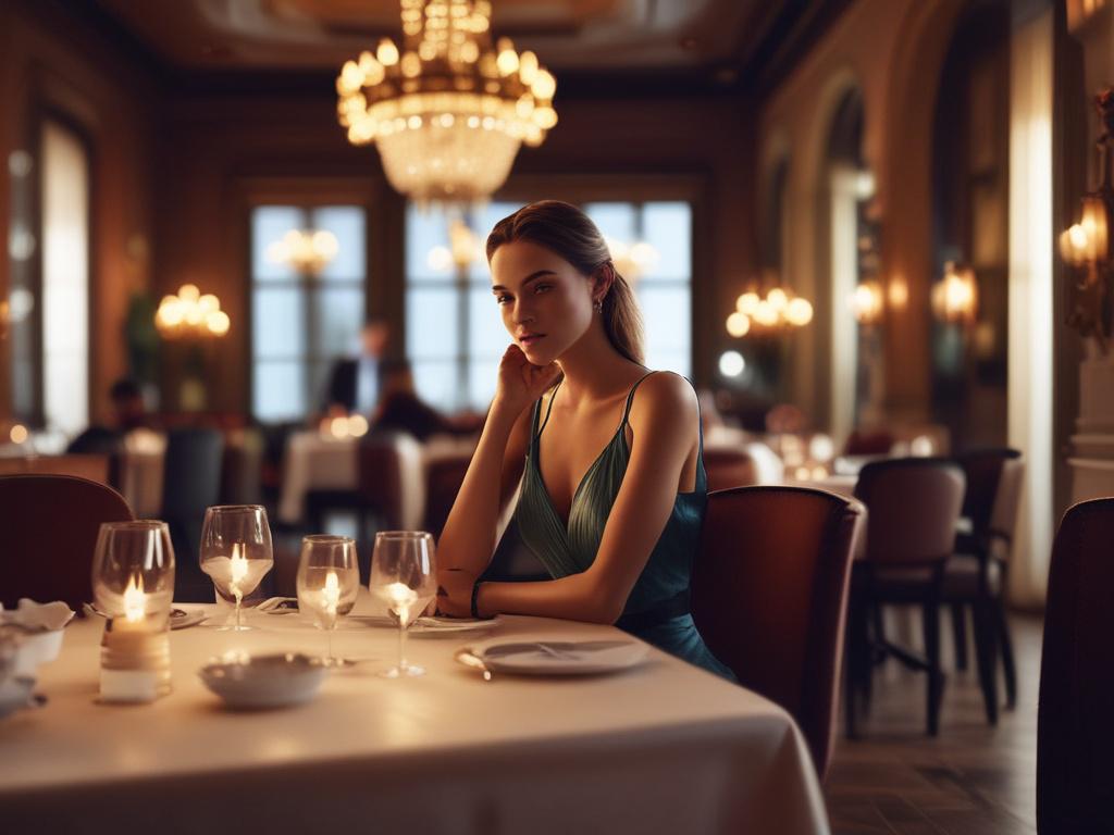 A beautiful woman in an elegant dress, sitting elegantly in