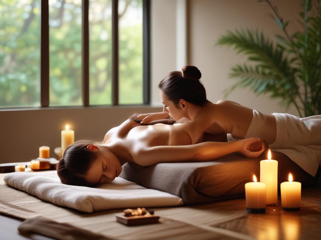 A serene spa setting with a beautiful woman giving a
