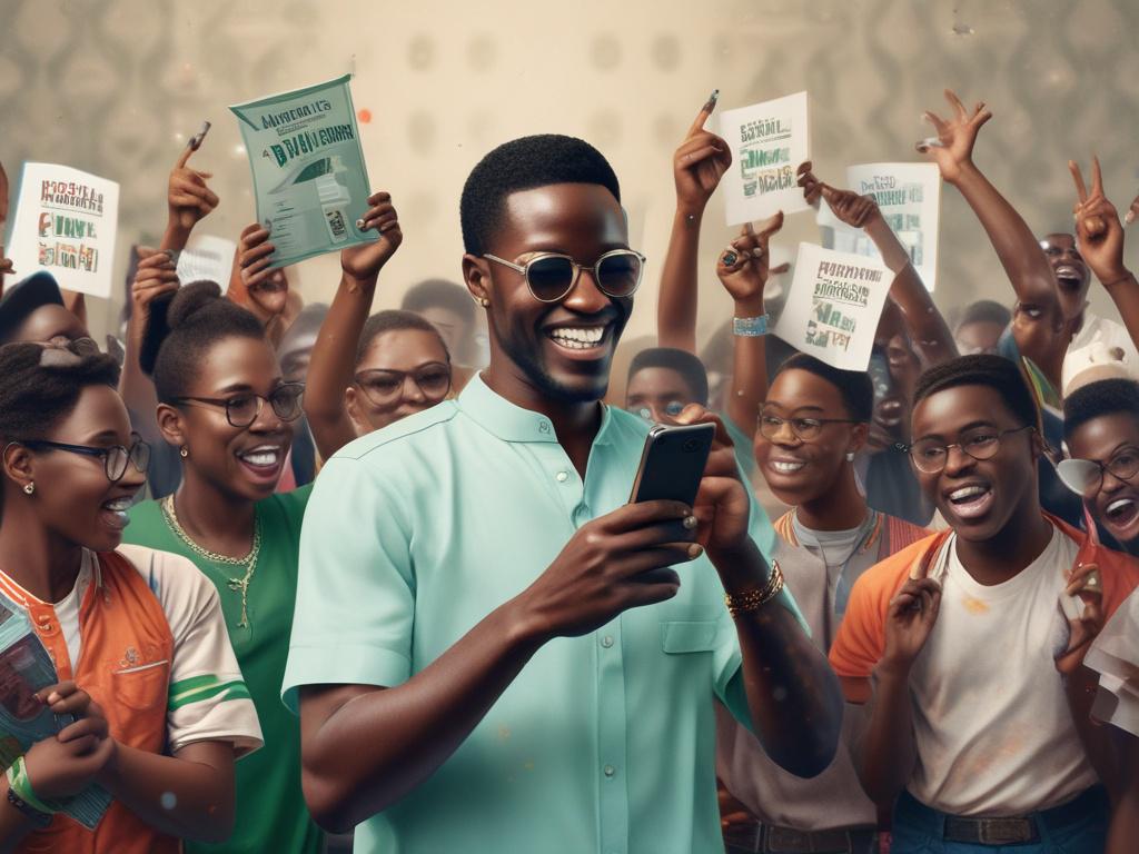 A photorealistic, high-resolution image featuring a single enthusiastic fan holding a smartphone displaying a voting interface with Nigerian iconic musicians' images. The background is minimalistic with clean lines and bold vibrant colors, predominantly rgb(122, 86, 4). The composition focuses on the fan's hand and phone screen, capturing the excitement and engagement of digital voting for music tours.