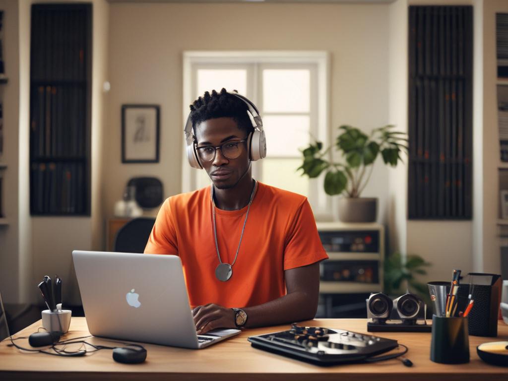 A realistic high-resolution photo featuring a confident independent musician in a modern home studio setting. The subject is a young Nigerian artist wearing headphones, working on a laptop with music production software visible on the screen. The background is minimalist and clean, with subtle vibrant accents in rgb(122, 86, 4) to reflect the brand's primary color. The composition focuses clearly on the artist's engagement with the digital music distribution process, symbolizing empowerment and creativity.
