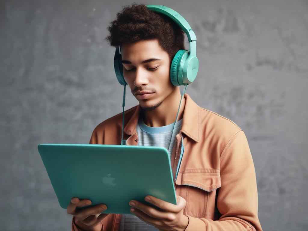 A photorealistic image of a young musician confidently holding headphones and looking at a laptop screen displaying a Spotify playlist interface. The background is minimalistic with clean lines and bold vibrant colors, focusing on essential elements. The composition highlights the connection between technology and music promotion, with a warm RGB(122, 86, 4) tone subtly integrated in the scene for brand consistency.
