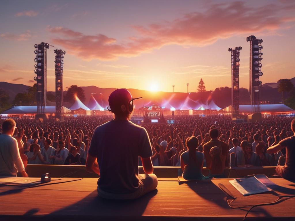 A photorealistic, high-resolution image of a vibrant outdoor music festival stage during sunset, with a single musician confidently performing on stage. The background shows a lively crowd enjoying the music, with minimal but bold colors primarily in rgb(122, 86, 4). The composition focuses on the musician as the central subject, capturing the energy and excitement of live music in a clear and compelling manner.