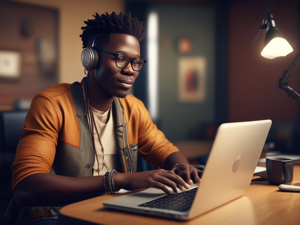 A photorealistic, high-resolution image of a young African musician sitting confidently in a modern studio, using a sleek laptop to design their professional music website. The background features minimalistic clean lines, soft natural lighting, and bold vibrant colors emphasizing rgb(122, 86, 4) as the primary color. The composition focuses on the musician smiling and interacting with the laptop, surrounded by musical instruments subtly placed in the background to highlight the music theme.