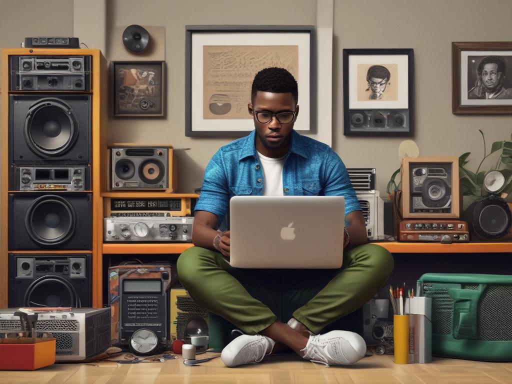A photorealistic, high-resolution image of a confident Nigerian musicpreneur working remotely on a laptop, surrounded by musical instruments and digital music icons, set against a clean, minimalistic background with bold vibrant colors featuring the primary color rgb(122, 86, 4). The composition is simple and clear with the subject centered, illustrating digital music entrepreneurship and vibrant creative energy.