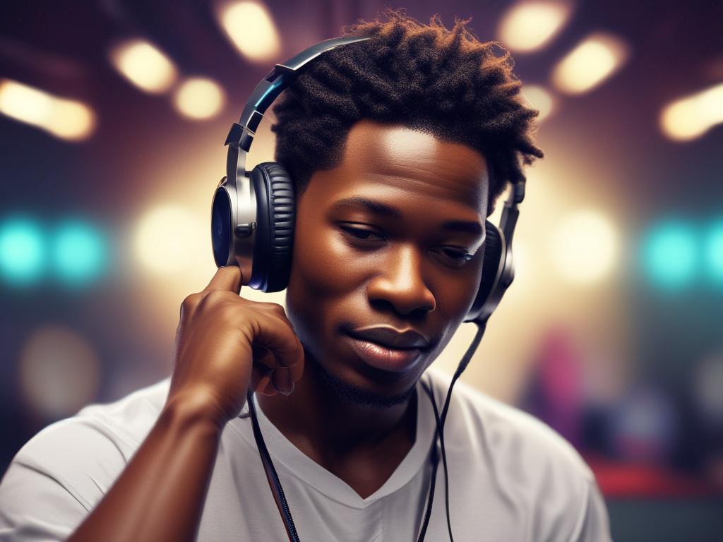 A photorealistic image of a Nigerian musician confidently performing with