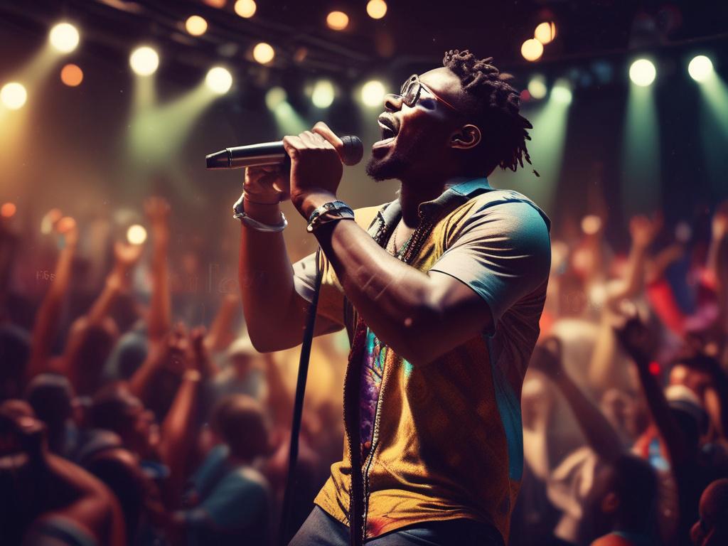 A photorealistic image of a Nigerian musician on stage during