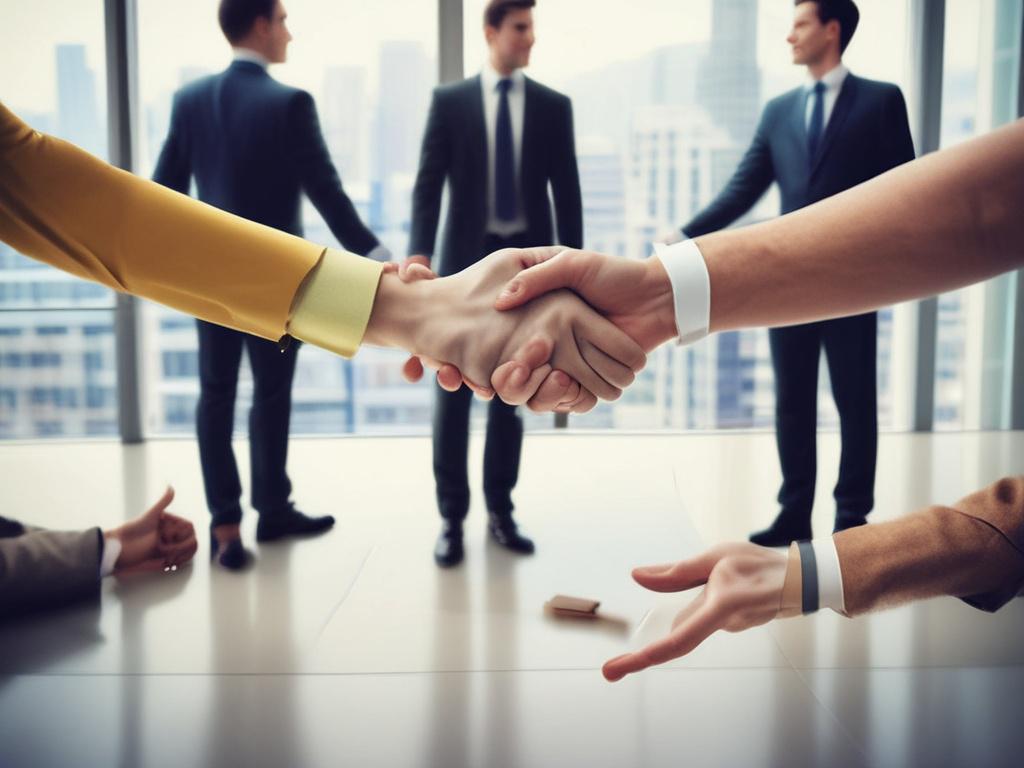 A photorealistic image of a diverse group of professionals shaking
